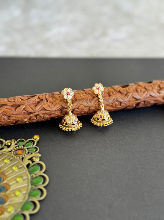 Gold tone ad pink-white south indian flower jhumkka dj-52243