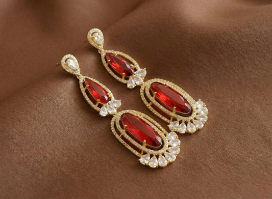 Gold Tone AD Red long Earrings DJ31417