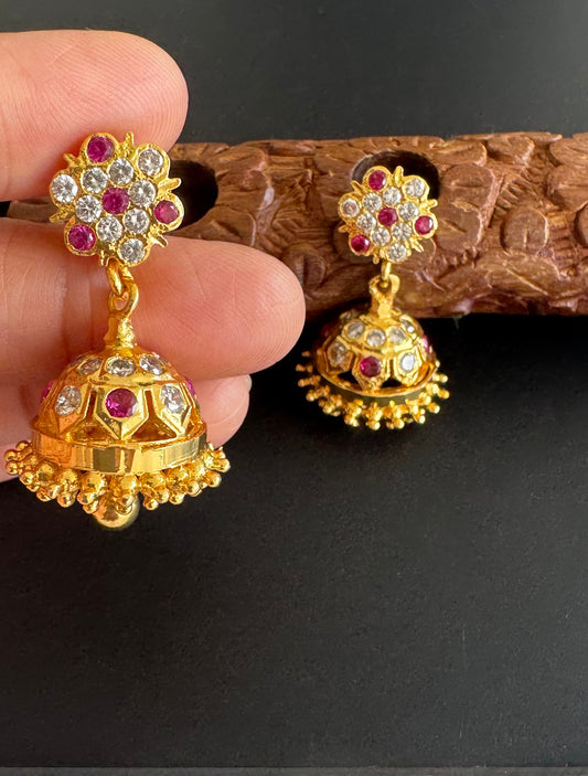 Gold tone ad pink-white south indian flower jhumkka dj-51283