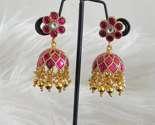 Gold tone pink-white stone kundan jadau jhumkka with golden beads dj-54582