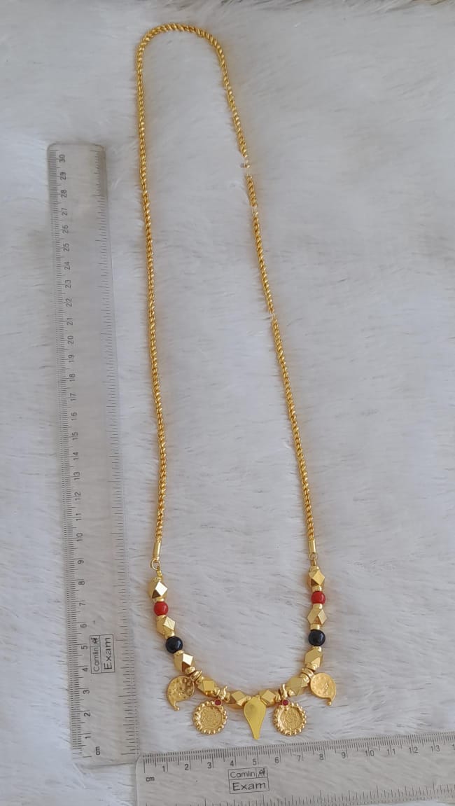 Gold tone 24 inches rope chain with coral-black bead pink stone mango lakshmi coin elakka thali mangalyam dj-50466