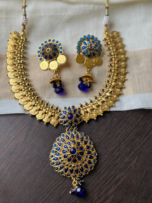 Antique gold tone blue peacock coin necklace set-dj04158