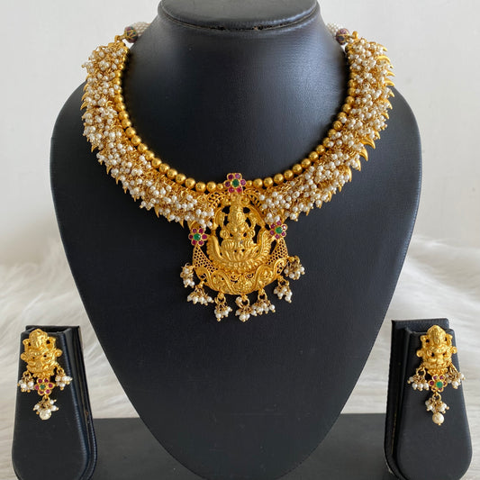 Gold tone ruby-emerald Pearl cluster Lakshmi necklace set dj-10643