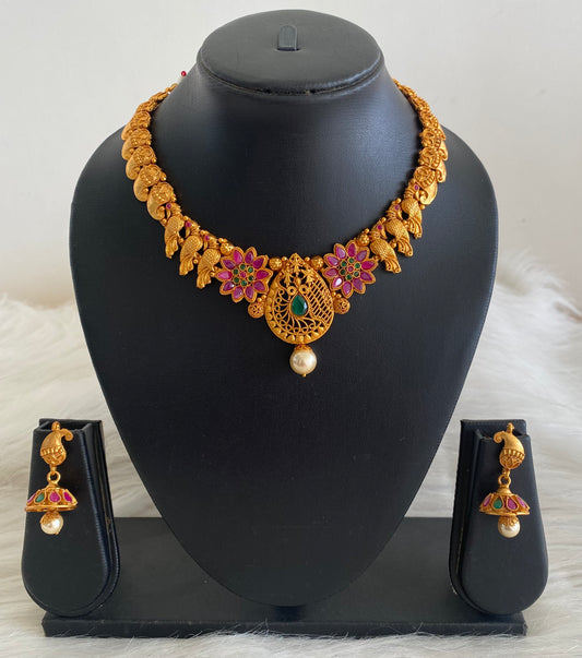 Matte Finish ruby-emerald flower-peacock necklace set dj-10652