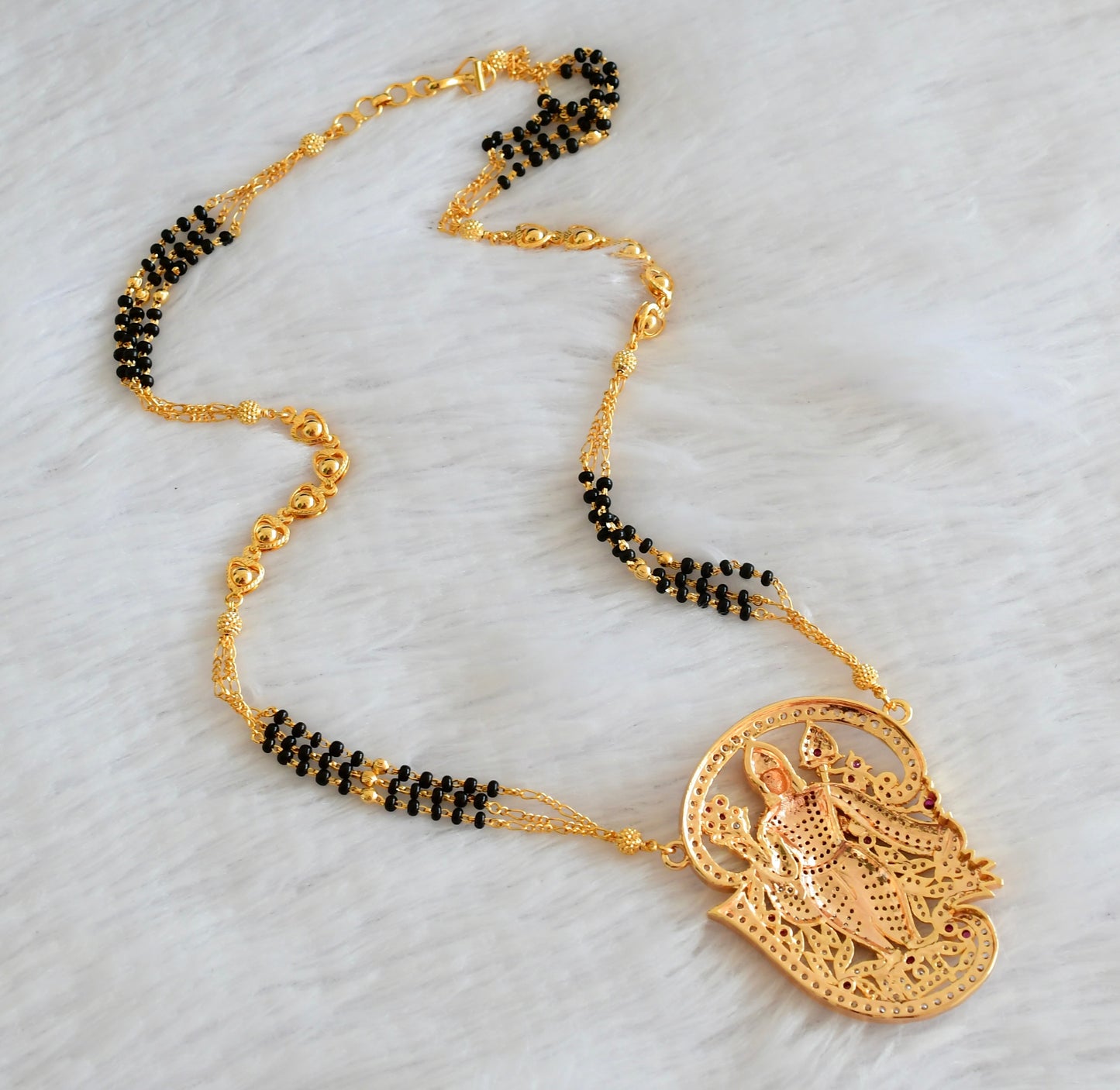 Gold tone tamil om murugan white-pink pendant with karimani beaded chain dj-53343