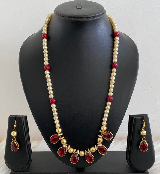 Antique gold tone maroon pearl necklace set dj-10755