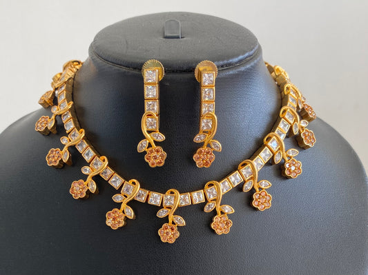 Gold Tone AD square stone flower Necklace Set DJ10801