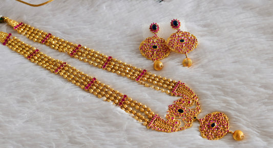 Gold tone ruby-blue beaded peacock haar set dj-51949