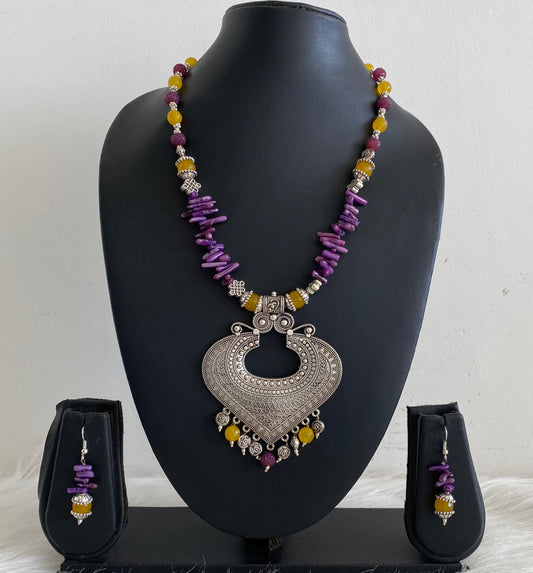 Silver Tone Purple-yellow Beads Necklace Set -dj10921