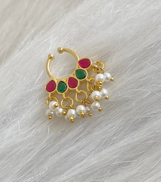 Gold tone kundan jadau pink-green stone pearl nose pin/bulakku dj-53789