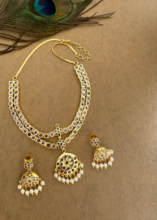 Gold tone AD purple south indian style double layer necklace set dj-51671