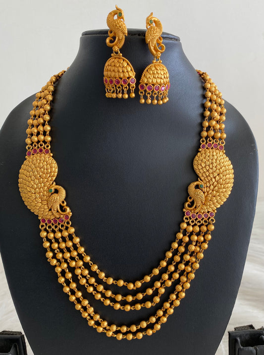 Matte Finish Ruby-emerald Peacock Mugappu Multilayer Necklace Set-dj11259