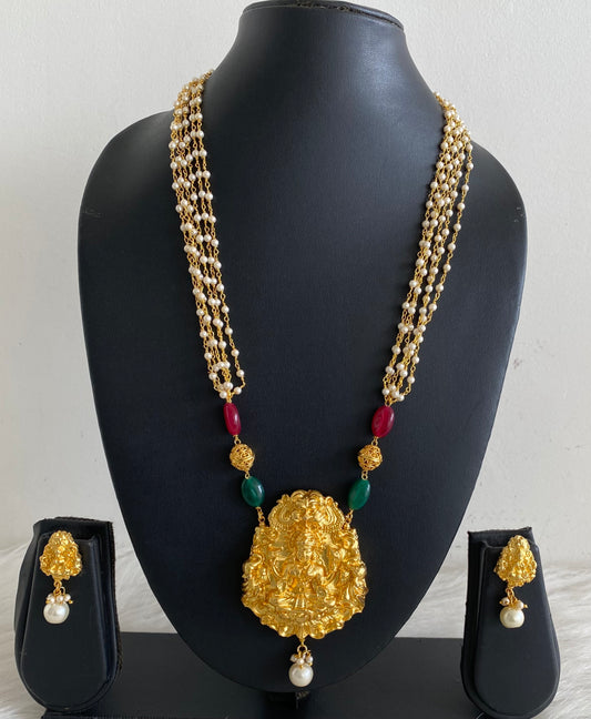 Gold tone Maroon-green Pearl Lakshmi Necklace Set- DJ11316