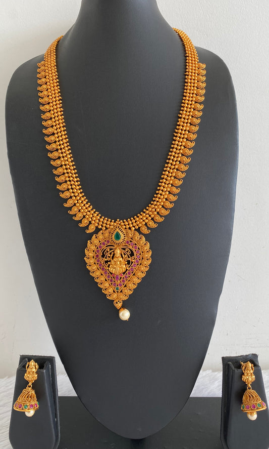 Matte finish ruby-emerald Lakshmi pendant bridal mango haar set dj-11513