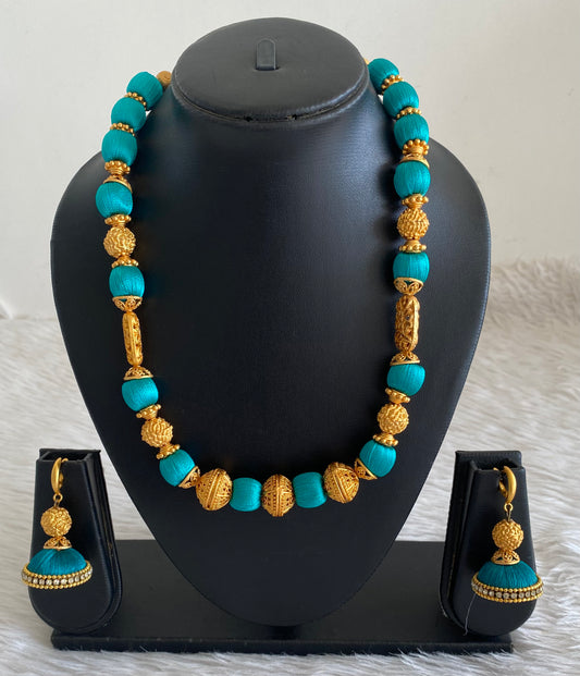 Matte Finish Peacock green Silk Thread Necklace Set-dj11962