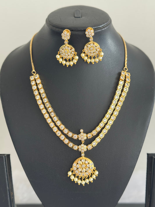 Gold tone AD white south indian style double layer necklace set dj-51672