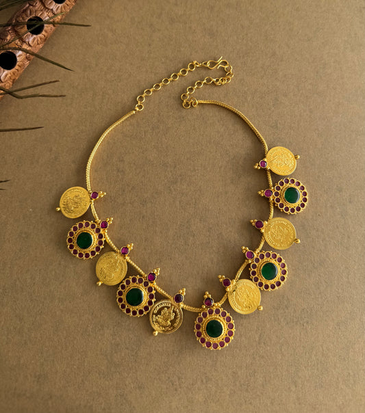 Gold tone kerala style pink-green round lakshmi coin necklace dj-51691