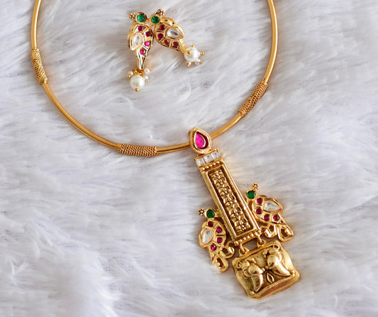 Antique gold tone pink-green peacock jadau hasli necklace set dj-51834