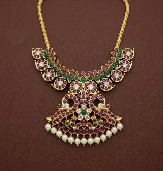 Gold tone precious kemp-white-green pearl mango peacock necklace dj-53362