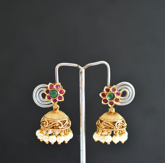 Antique gold tone kemp-green flower jhumkka dj-51929