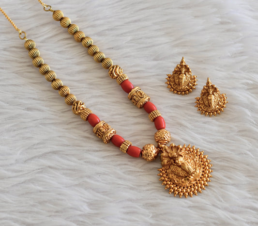 Matte finish coral beaded lakshmi necklace set dj-46499