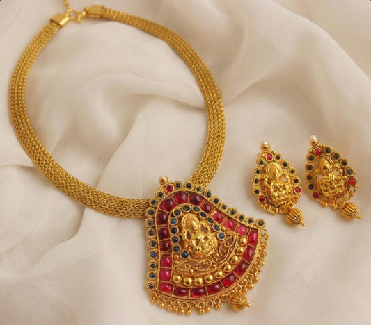Antique gold tone Kemp-blue Lakshmi necklace set-dj04461