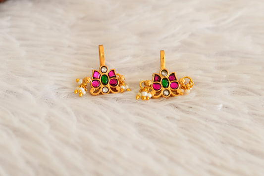 Gold tone pink-green-white kundan jadau butterfly bugadi earrings dj-52485