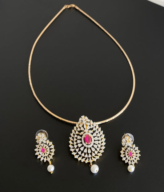 Two tone cz white-pink pearl pendant set with kanti necklace dj-54245