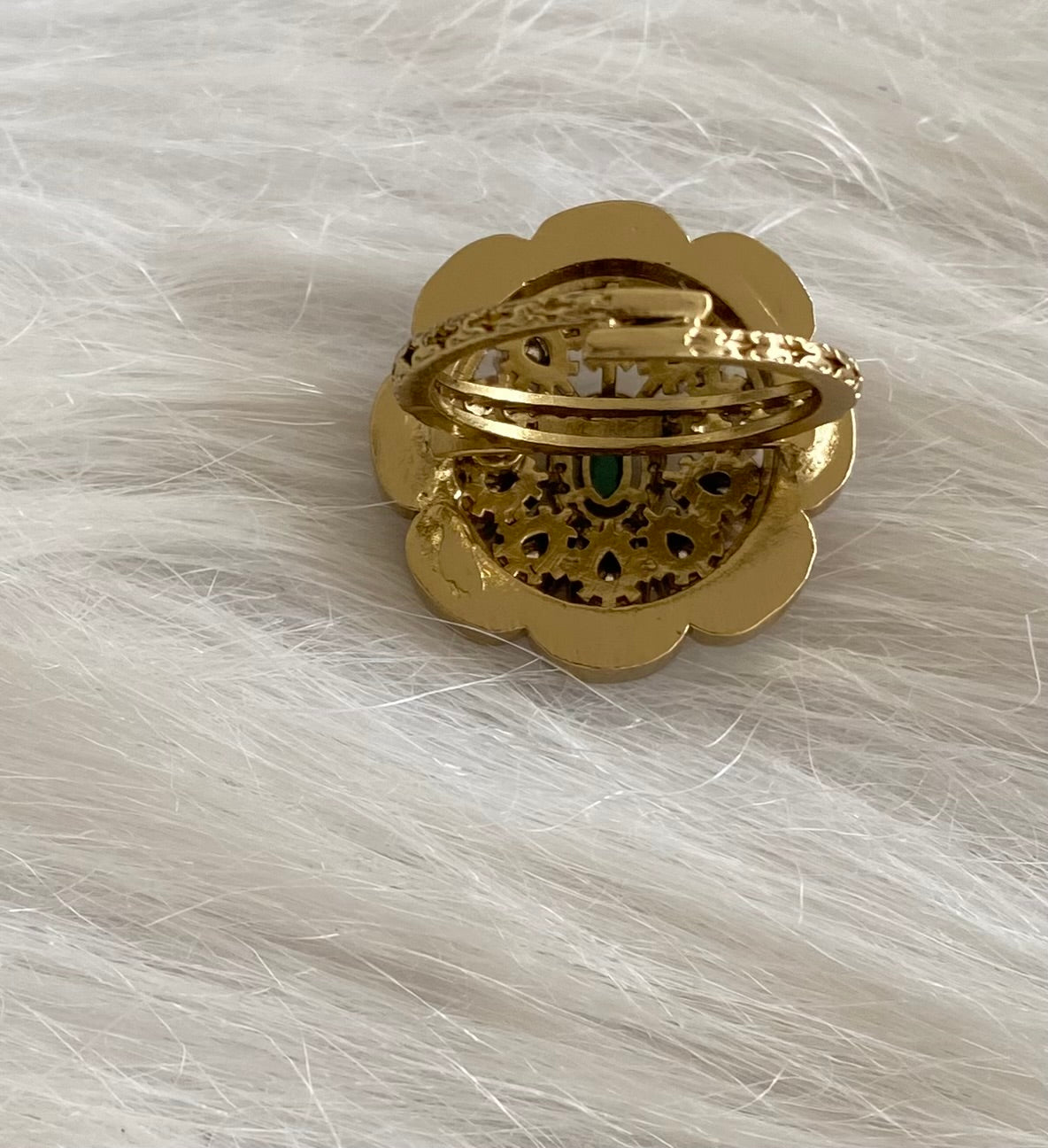 Antique gold tone pink-green-white kundan jadau round finger ring dj-54323