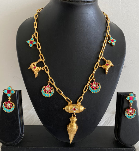 Gold tone turquoise-pink kundan jadau floral necklace set dj-54193