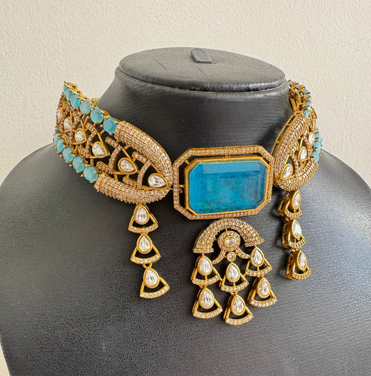 Antique gold tone cz kundan blue choker necklace set dj-51078