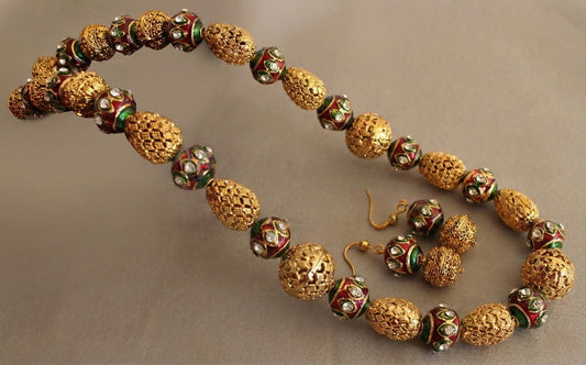 Antique gold tone meenakari beaded necklace set-dj07685