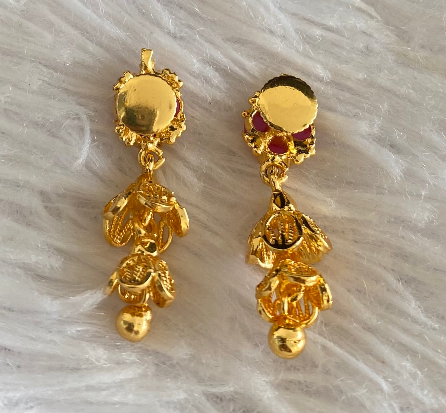 Gold tone pink stone screw back step jhumkka-dj52890