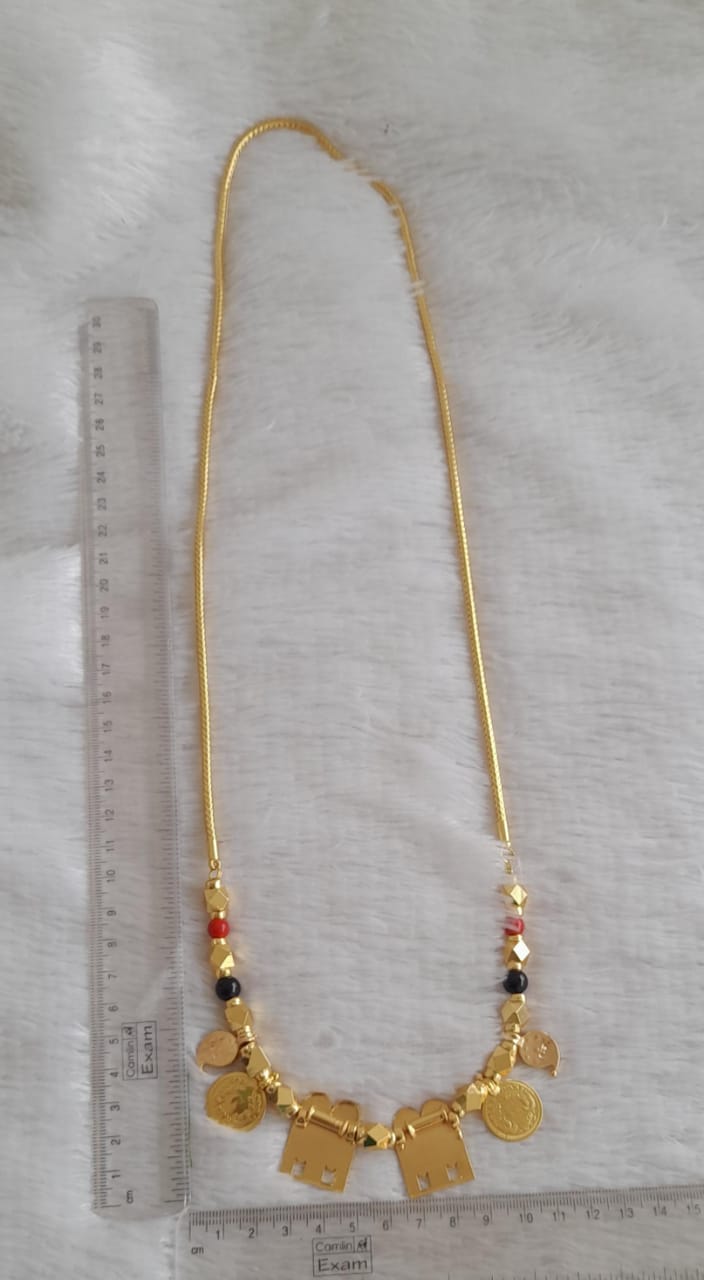 Gold tone 24 inches kodi chain with coral-black bead stone mango lakshmi coin sokkar meenakshimangalyam dj-50501