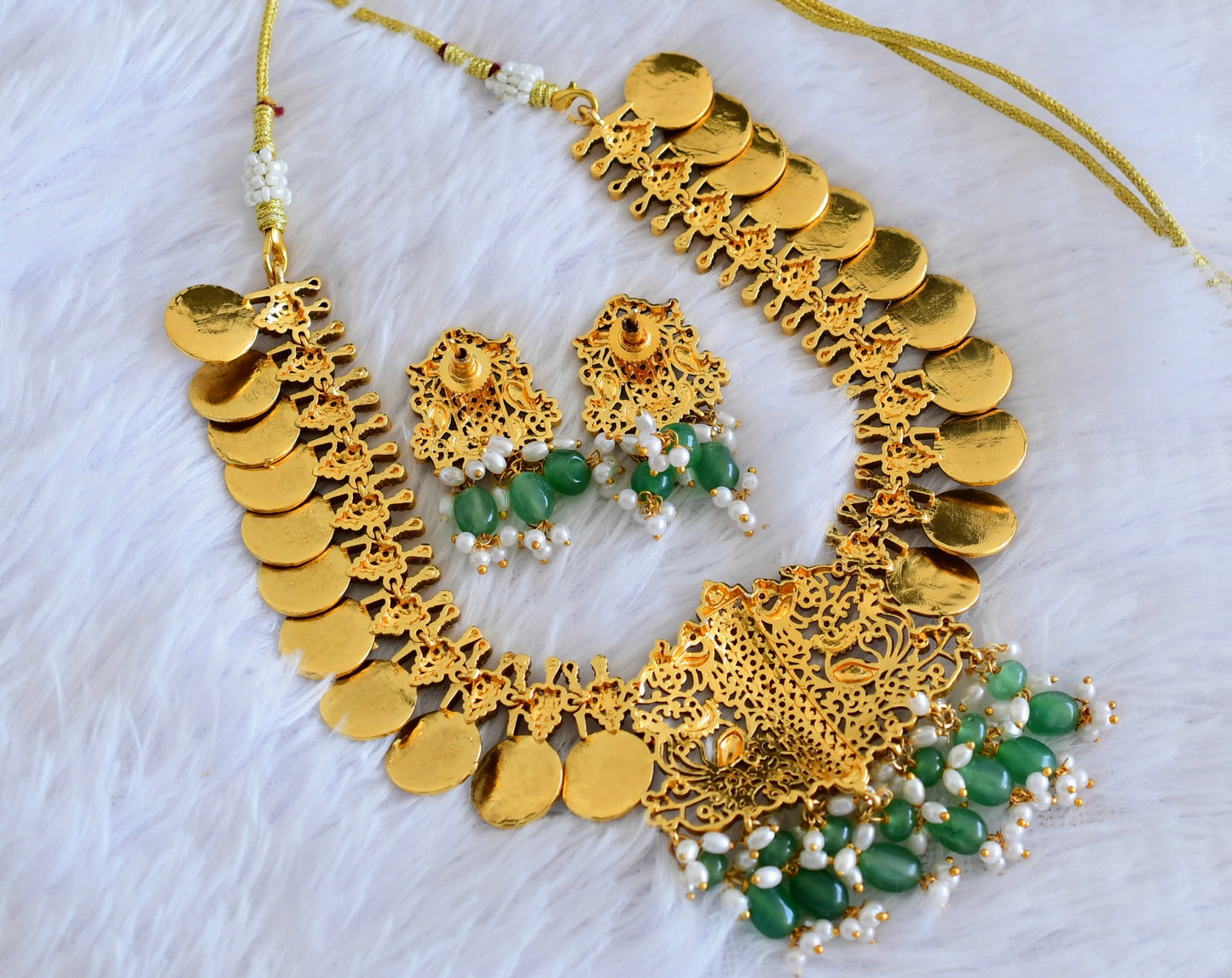 Antique gold tone green beaded pearl peacock lakshmi coin necklace set dj-53013
