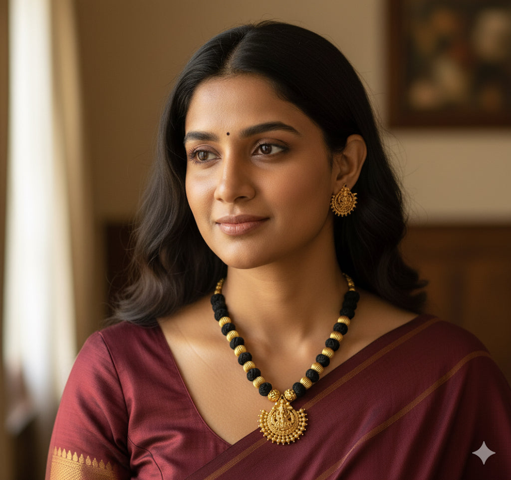 Matte finish black thread kemp stone lakshmi necklace set dj-45972