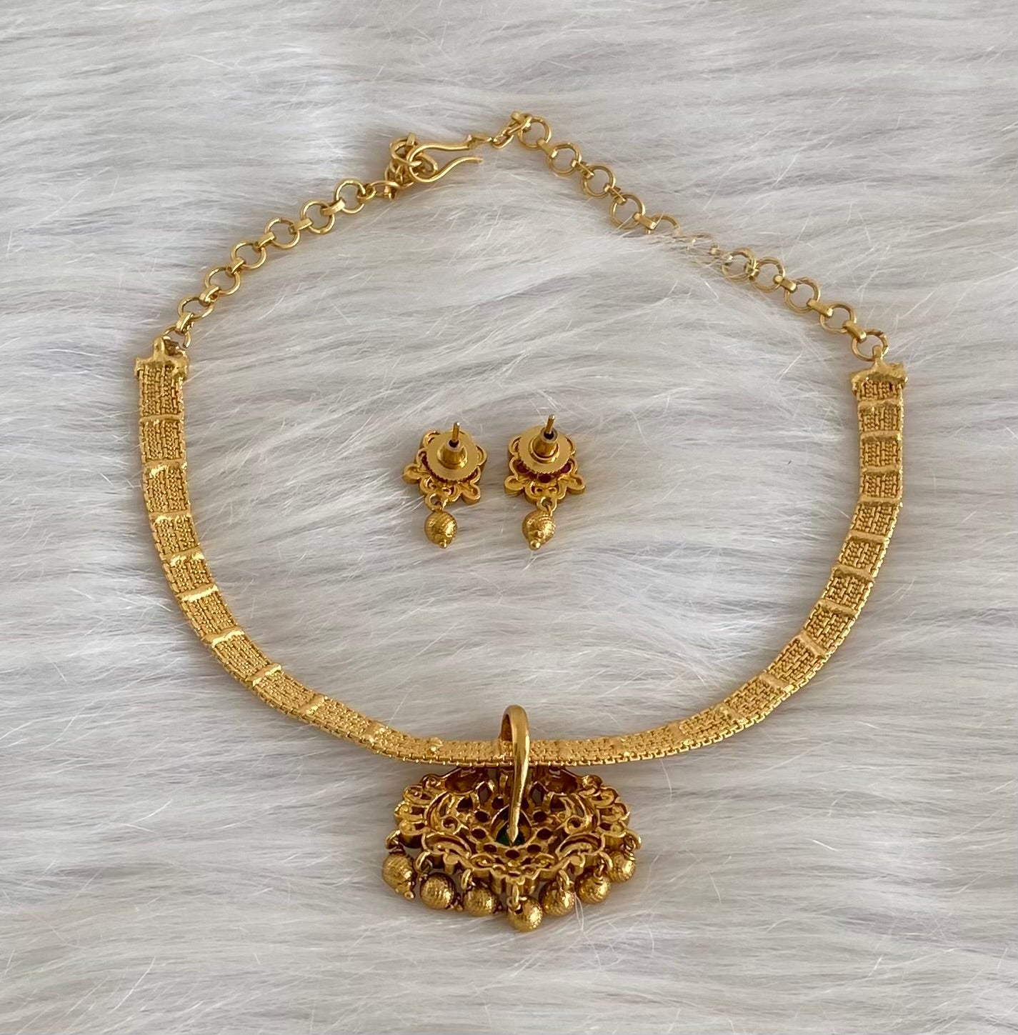 Antique gold tone kemp-green peacock necklace set dj-54262