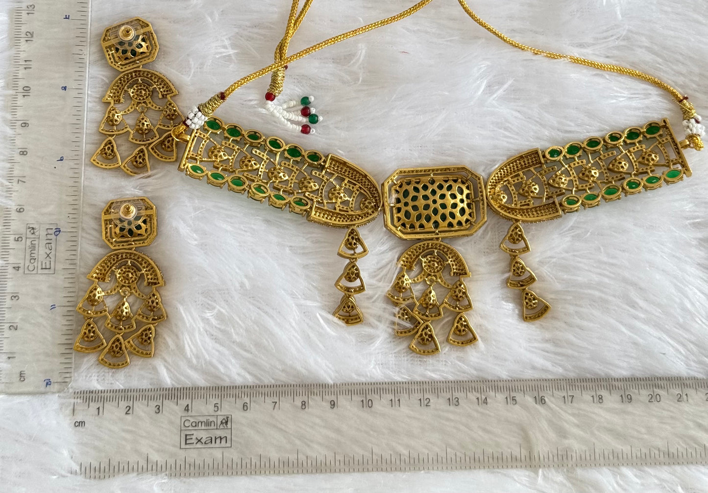 Antique gold tone cz kundan bottle green choker necklace set dj-51079