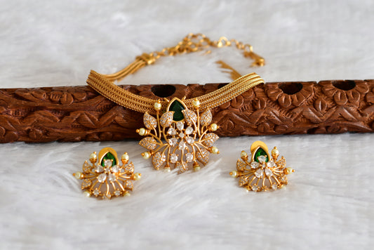 Matte finish cz green pearl pendant necklace set dj-51830