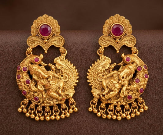 Antique gold tone ruby ganesha earrings-dj07969