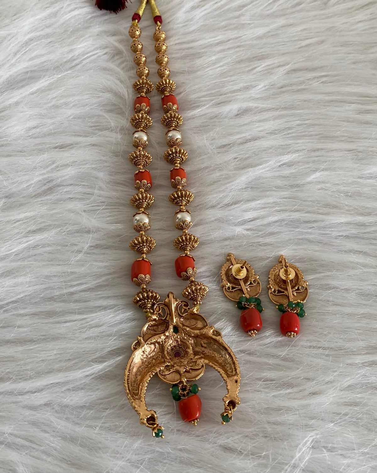 Antique gold tone coral pearl nakshi beaded peacock moon mala/necklace set dj-54955