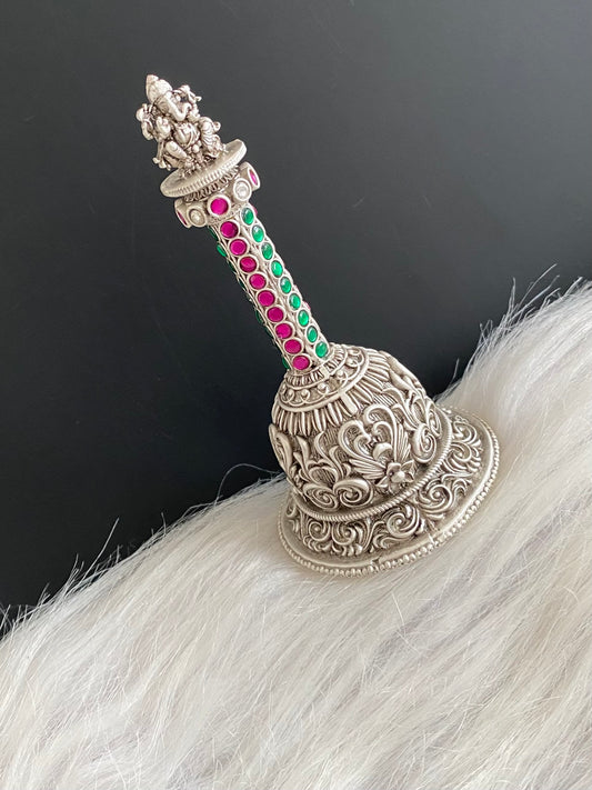 Silver tone pink-green stone ganesha bell dj-54233