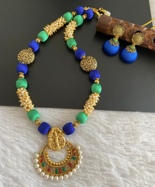 Antique gold tone blue-green silk thread beaded pearl cluster necklace Set dj-52923