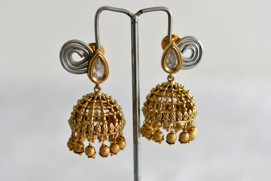 Antique gold tone white thilak stone pearl jhumkka dj-51852