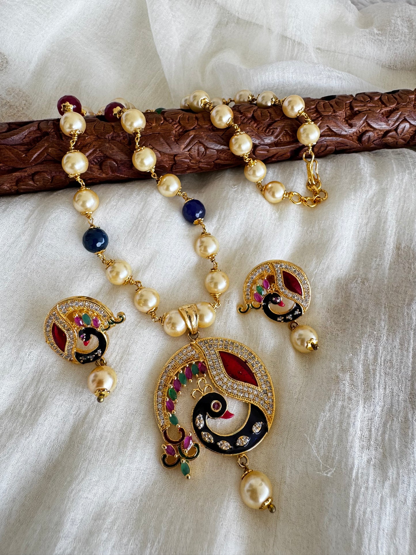 Gold tone meenakari peacock pearl beaded necklace set dj-52624