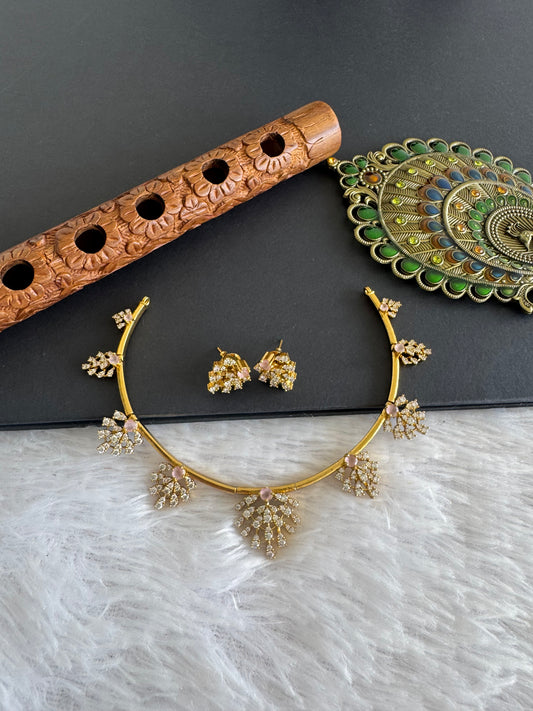 Matte finish cz white-baby pink kanti necklace set dj-52115