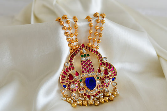Gold tone pink-blue-green kundan jadau Shri Thirumal necklace dj-52571