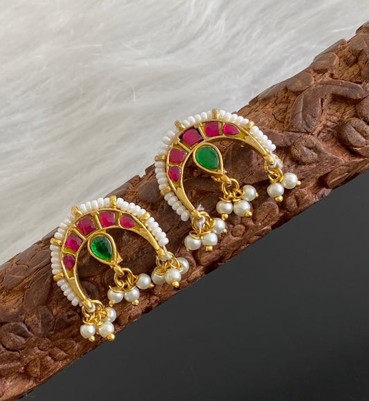 Gold tone pink-green kundan jadau pearl moon bugadi earrings dj-53665