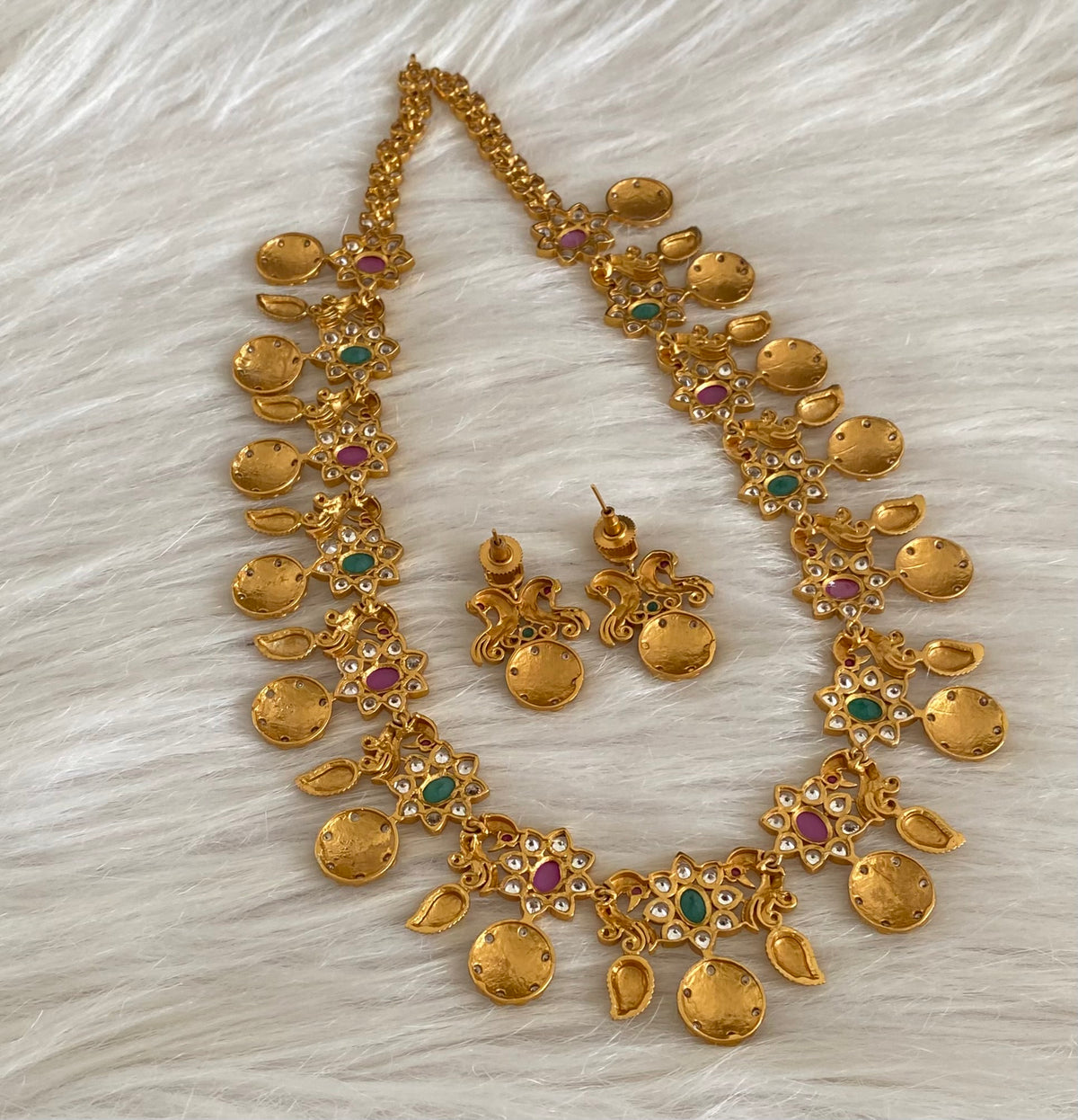 Matte finish ruby-emerald peacock lakshmi coin short haar set dj-55001