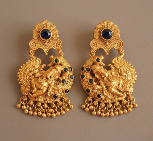 Antique gold tone blue ganesha earrings-dj07971